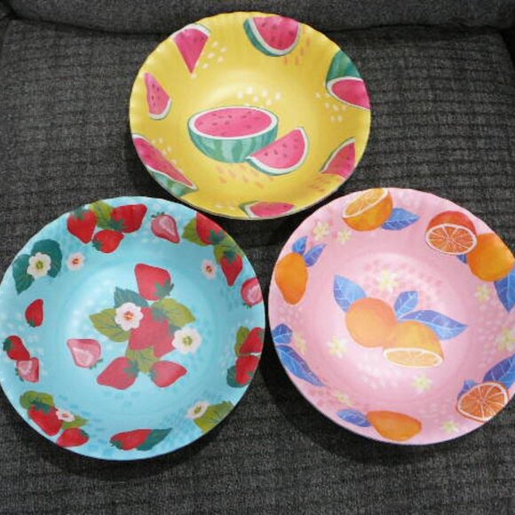 Set of 6 Melamine Ribbed 9" Serving Bowls Strawberries Oranges Watermelon-NEW - Picture 1 of 5